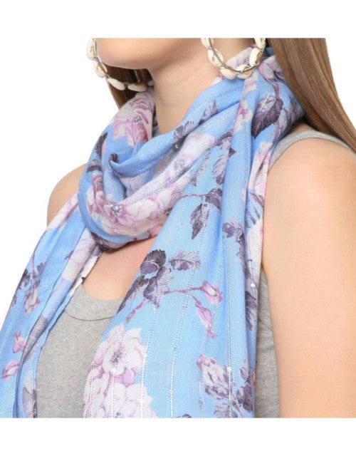 Blue sequins floral printed scarf